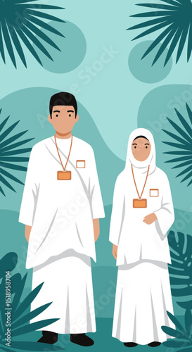 A couple dressed in traditional Islamic attire stands in a modern city setting, with skyscrapers in the background. They carry bags and have identification cards around their necks.