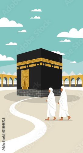 Pilgrims in white robes stand together in front of the Kaaba during the Hajj pilgrimage, with a reverent and holy atmosphere surrounding the sacred site.