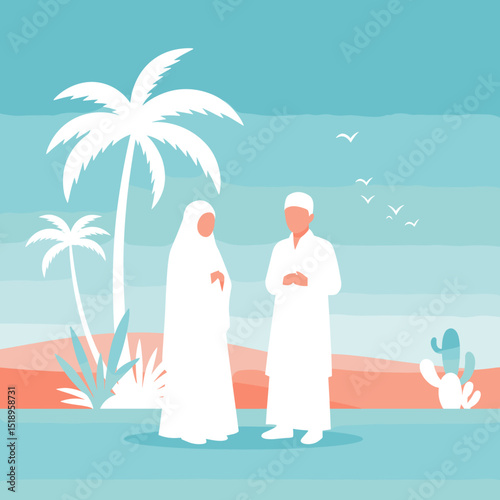 A couple dressed in traditional Islamic attire stands in a modern city setting, with skyscrapers in the background. They carry bags and have identification cards around their necks.