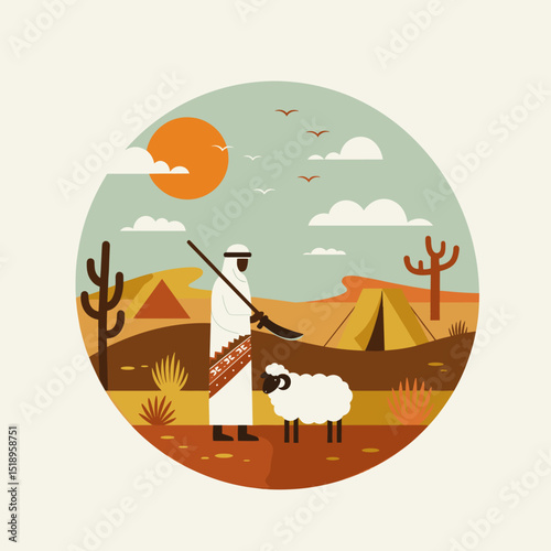A sheep standing in the desert with a distant mountain range and tents scattered across the landscape, reflecting a rural, serene atmosphere.