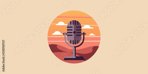 Podcast logo template with microphone and desert sunset in warm colors