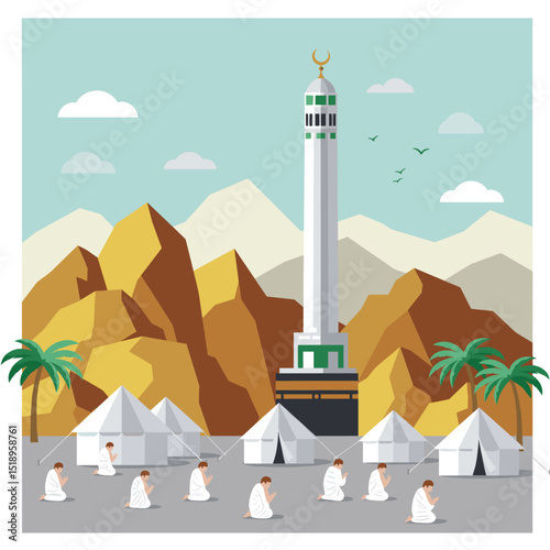 A serene desert scene featuring a mosque in the distance, with tents scattered around, showcasing the peaceful desert life alongside traditional Islamic structures.