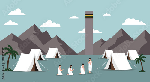 A serene desert scene featuring a mosque in the distance, with tents scattered around, showcasing the peaceful desert life alongside traditional Islamic structures.