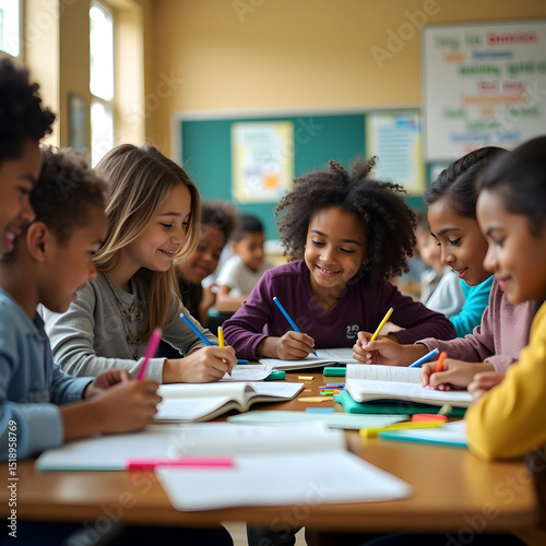 Diverse Group of Elementary School Children Collaboratively Learning in Classroom