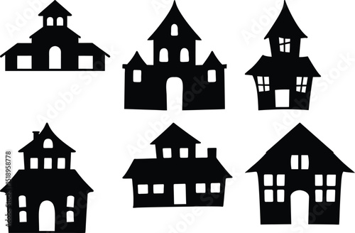 Vector collection of different spooky black Halloween haunted house silhouettes