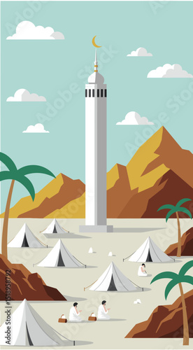 A serene desert scene featuring a mosque in the distance, with tents scattered around, showcasing the peaceful desert life alongside traditional Islamic structures.