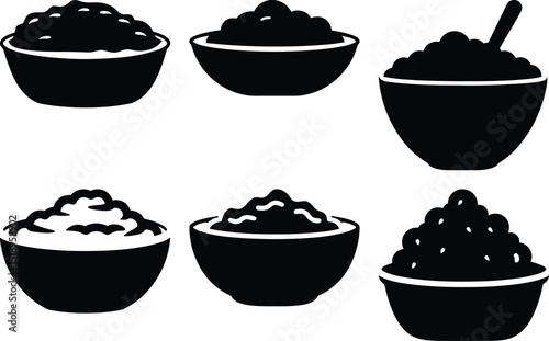 Collection of bowls filled with various foods in silhouette format design
