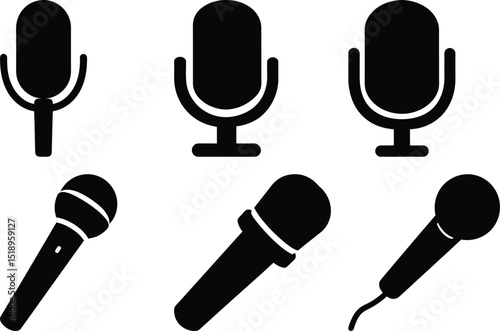 Diverse array of black microphone icons illustrating various styles and uses