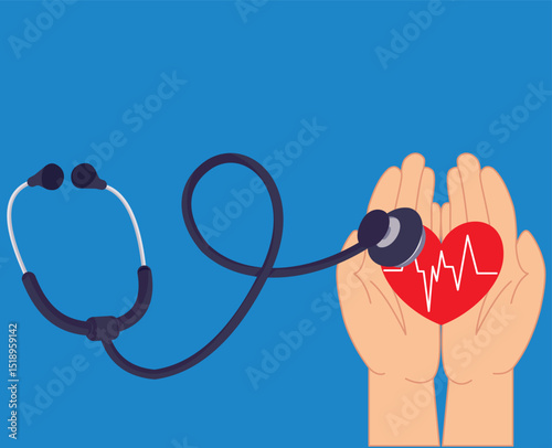 Illustration of hand holding heart symbol with stethoscope. Health care concept. Heart with stethoscope