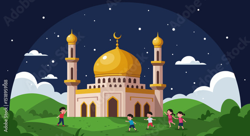 The green-domed mosque with tall minarets and a serene sky. The mosque is a central symbol of Islamic architecture and faith, with warm tones creating a peaceful atmosphere.