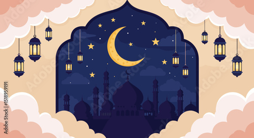 The green-domed mosque with tall minarets and a serene sky. The mosque is a central symbol of Islamic architecture and faith, with warm tones creating a peaceful atmosphere.