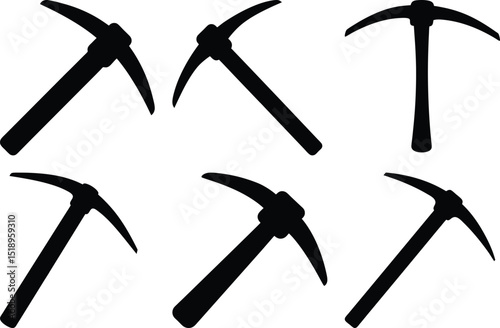 Silhouette graphic representation of pickaxes arranged in a uniform pattern on white