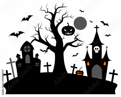 graveyard scene spooky gravestone line art silhouette vector illustration