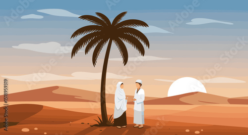 A couple in traditional Islamic clothing standing under a palm tree in the desert. The sunset creates a serene atmosphere, highlighting the simplicity and beauty of the desert.