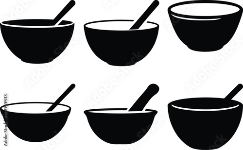 Six Bowls with Spoons Illustration in Black and White Flat Design
