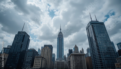 Moody Sky with Dramatic Clouds Over Imposing Skyscrapers in Urban Cityscape, Modern Architecture, Towering Buildings, Dramatic Lighting 4K  image