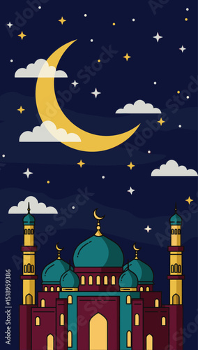 The green-domed mosque with tall minarets and a serene sky. The mosque is a central symbol of Islamic architecture and faith, with warm tones creating a peaceful atmosphere.
