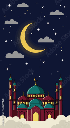 The green-domed mosque with tall minarets and a serene sky. The mosque is a central symbol of Islamic architecture and faith, with warm tones creating a peaceful atmosphere.