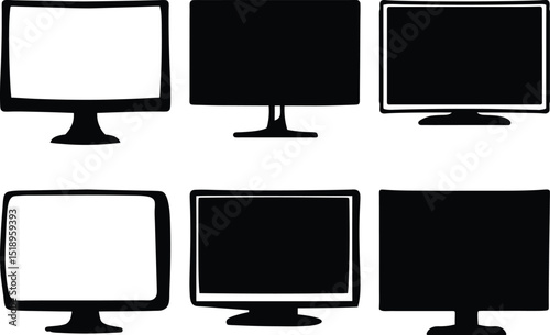 Collection of Computer Monitors or TVs in Various Styles in Black and White