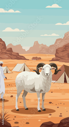 A sheep standing in the desert with a distant mountain range and tents scattered across the landscape, reflecting a rural, serene atmosphere.