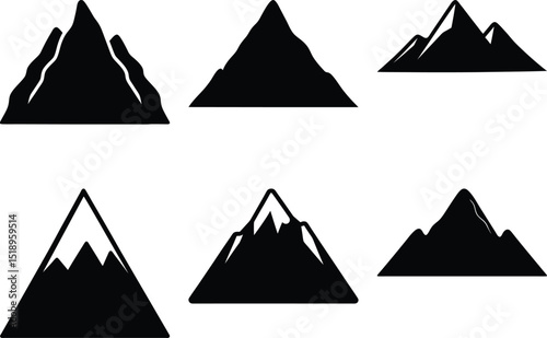 Collection of mountain icons in black and white illustration for graphics