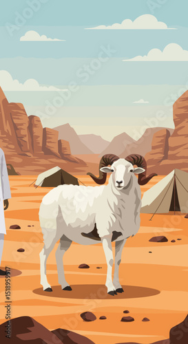 A sheep standing in the desert with a distant mountain range and tents scattered across the landscape, reflecting a rural, serene atmosphere.