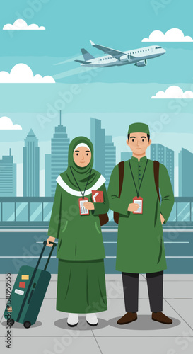 A couple dressed in traditional Islamic attire stands in a modern city setting, with skyscrapers in the background. They carry bags and have identification cards around their necks.