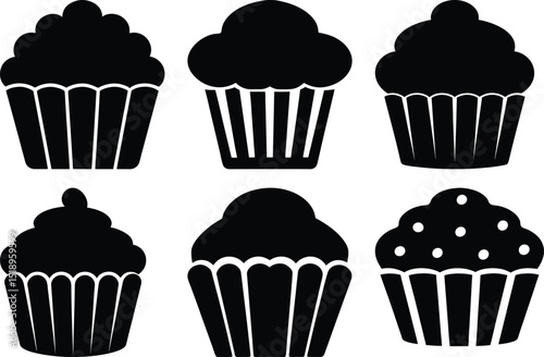 Collection of Cupcake Silhouette Designs, Vector Illustration of Sweet Treats