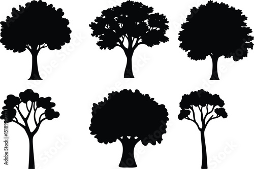 An assortment of various tree silhouettes in black and white illustration