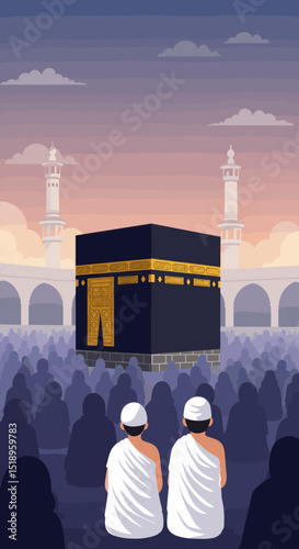 Pilgrims in white robes stand together in front of the Kaaba during the Hajj pilgrimage, with a reverent and holy atmosphere surrounding the sacred site.