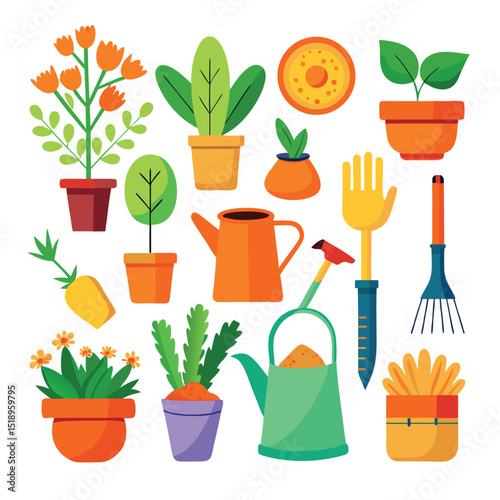 Collection of colorful gardening tools and plants in pots illustration