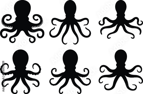 Collection of six octopus silhouettes in different tentacle styles and arrangements