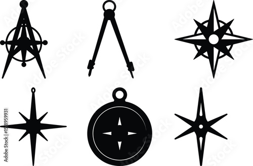 Vector illustration of navigational compasses, dividers, and stars in black silhouette
