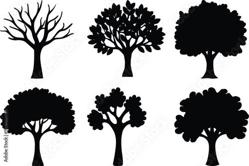 Silhouette Trees Collection Featuring Various Tree Shapes Against a White Background