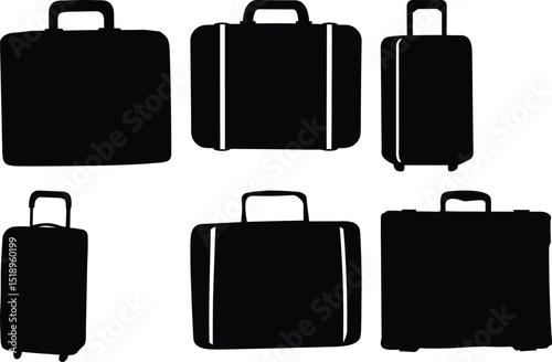 Black and white silhouette illustration of a collection of assorted suitcases