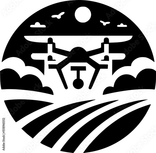 Agricultural drones logo.  Drone and Agriculture Field at Sunset - Vector Logo Design
