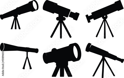 A collection of different telescope silhouettes in black and white on white