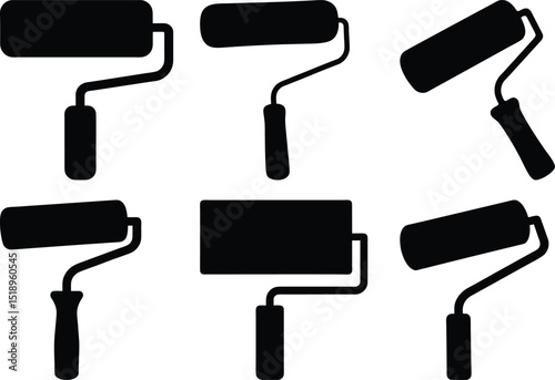 A set of six isolated silhouettes representing paint roller tools on white