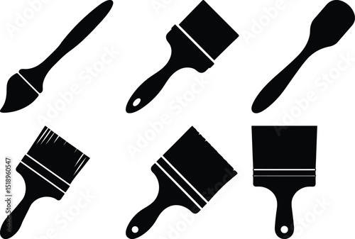 Collection of six different paint brushes in black and white vector style