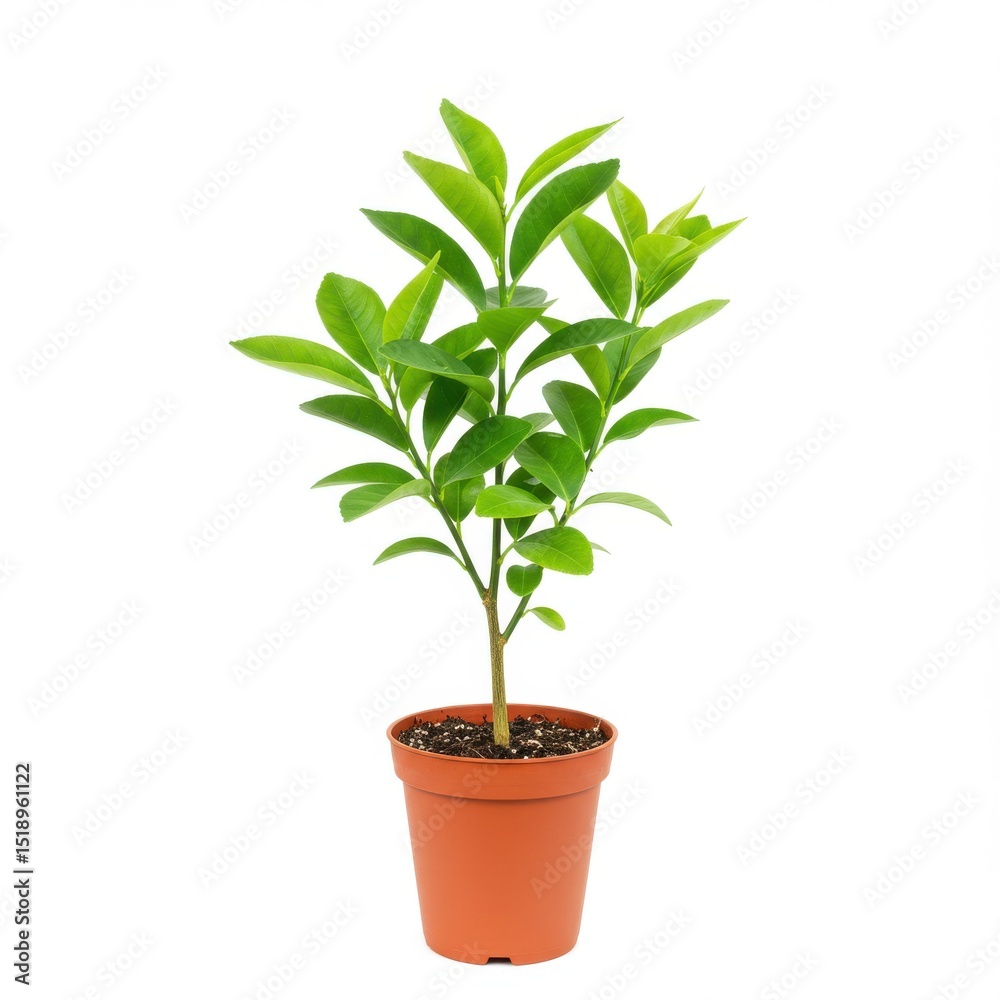 Fototapeta premium Small citrus plant in pot isolated on white background. use cases: decoration, gardening.