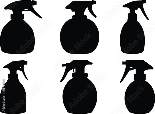 Spray bottle icons showing various shapes, nozzles, and container types silhouette
