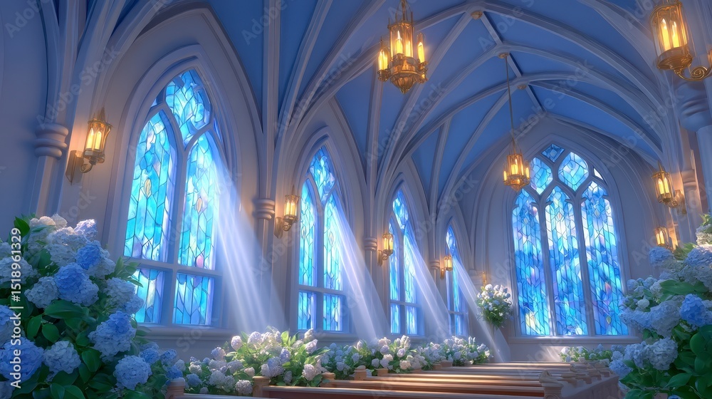Naklejka premium Serene Gothic Cathedral Interior Wedding Ceremony Light Rays Blue Hydrangeas