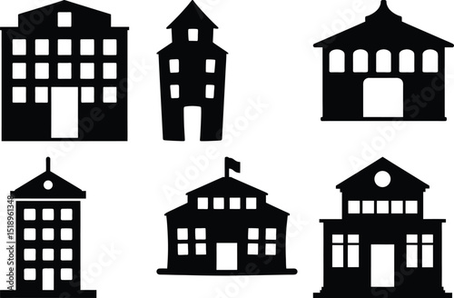 Assorted building and architectural silhouettes in black color scheme and white background