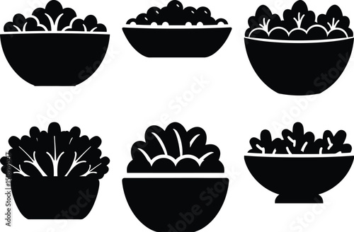 Black and white illustration of various bowls filled with different salads