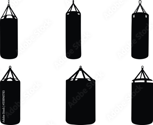 Collection of punch bags and boxing training equipment black silhouettes set