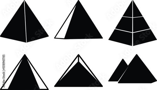 A set of six pyramid shapes in different perspectives and designs