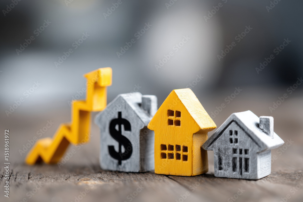 Real estate market elements with house icons and dollar signs illustrating buying, selling, and mortgage trends Real estate market elements with house icons and dollar signs illustrating buying, selling, and mortgage trends