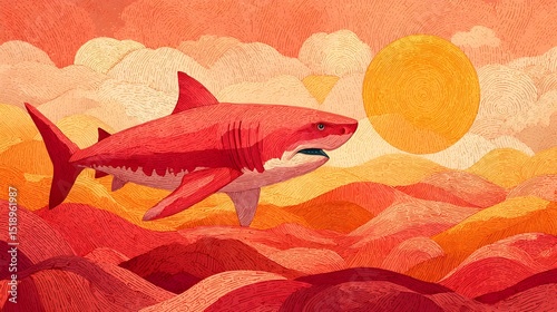 A vibrant red great white shark soars above a surreal sunset landscape of textured orange mountains and a large sun.