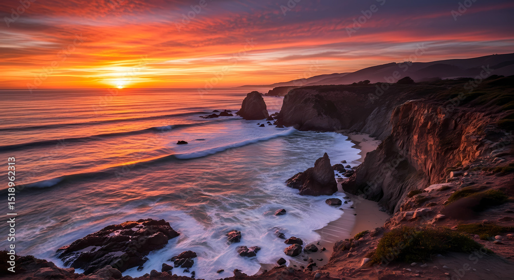 Fototapeta premium Fiery Sunset Over Pacific Coast: Dramatic Ocean Waves Crashing Against Rocky Cliffs