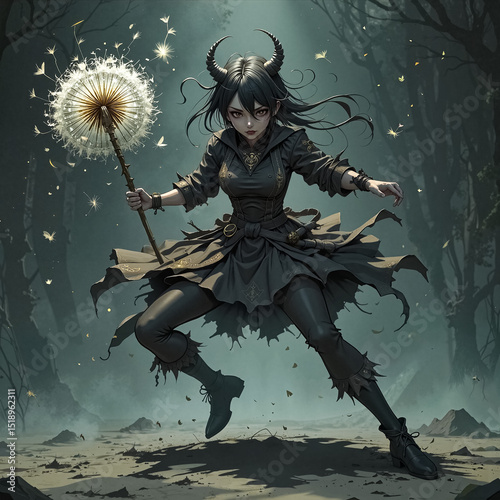 Dark fantasy sorceress with dandelion staff in enchanted forest with dramatic lighting